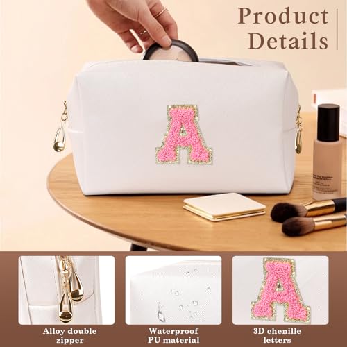 Initial Makeup Bag Personalized Preppy Cosmetic Bag Travelling Toiletry Bag Waterproof PU for Teenage Girls Women (white A)