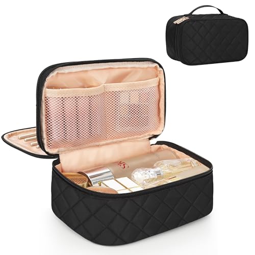 Relavel Makeup Bag, Small Makeup Bag for Women, Travel Cosmetic Bag, 2 Layers Waterproof Makeup Organizer Storage with Makeup Brush Holder, Black