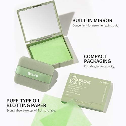 Erinde Oil Blotting Sheets for Face with Mirror and Puff, 300 Sheets Oil Blotting Paper for Oily Skin, Face Oil Absorbing Sheet, Natural Oil Control Film, Absorb Excess Oil, Makeup Friendly