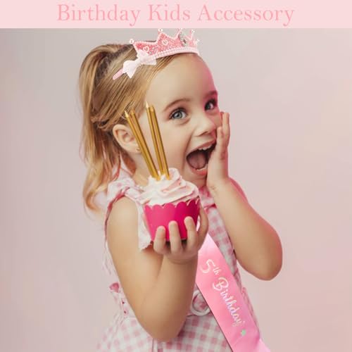 CUBACO Birthday Crown Headband 5th Birthday Girl Sash, Birthday Girl Headband Princess Pink Crown 5 Year Old Girl Gift Outfit Birthday Decorations,Suitable for Party Favors Decorations
