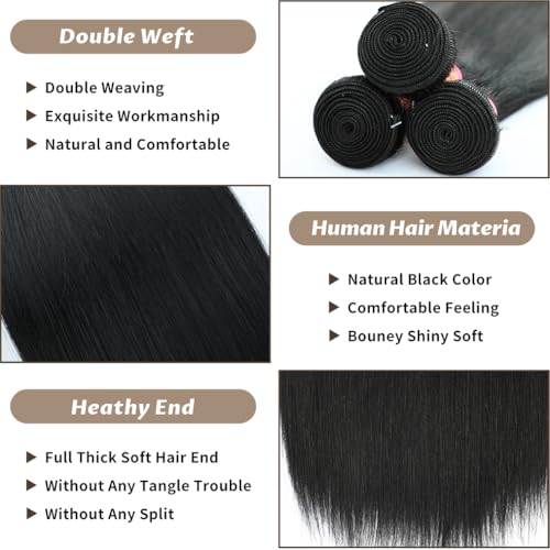 Human Hair Bundles Straight 3 Bundles 24 26 28 Inch 12A Grade 100% Unprocessed Brazilian Virgin Human Hair Bundle Double Weft Human Hair Extensions Natural Black Color