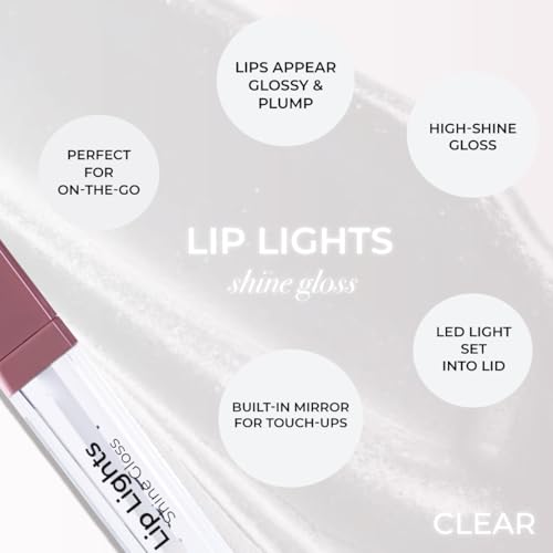 MCoBeauty - Lip Lights Shine Gloss - Clear Lip Gloss - High Shine Glass-Like Finish with Built-In LED Light & Mirror - Moisturising Lightweight - Face Makeup