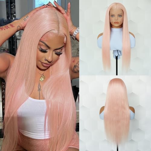 Pink Lace Front Wig Human Hair Pre Plucked With Baby Hair Pink Straight Wig Human Hair 13x4 20inch 180% Density HD Transparent Glueless Colored Wig for Cosplay