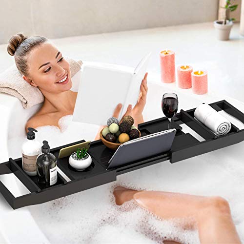 Domax Bathtub Caddy Tray Expandable Bamboo Tub Tray for Luxury Bath with Book Holder and Free Soap Dish Black