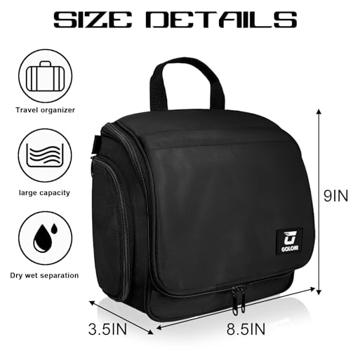 Goloni Hanging Toiletry Bag with Hook, Large Makeup Bag Travel Organizer, Water-Resistant Hanging Cosmetic Bag with 10 Compartments for Women & Men,Black