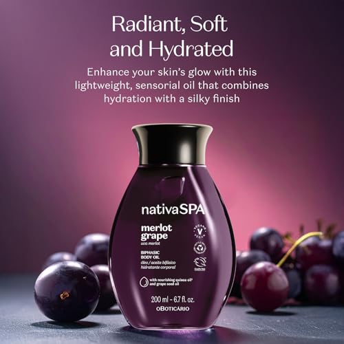 Nativa SPA by O Botic?rio Merlot Grape Biphase Body Oil, with Quinoa & Grapeseed Oils, Silky Glow with Hydration, 6.7 Ounce (200ml)