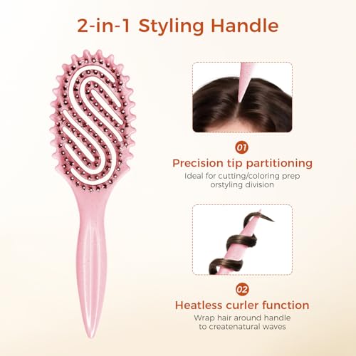 Curly Hair Brush, Curl Defining Brush with Soft Boar Bristles for Combing, Shaping, and Styling Curly Hair Suitable for All Women and Men with Wet & Dry Hair(Pink)