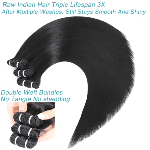 Indian Raw 1 Bundle Human Hair,16A Super Soft Silky Straight Human Hair Bundles,Salon Quality Full And Thick No Tangle Triple Lifespan Than Regular Virgin Hair Natural Black 22 Inch