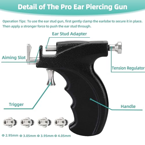 Professional Ear Piercing Gun Kit with 18 Pairs of CZ Stones Stud Earrings and Pro Black Ear Piercing Gun 8 Alcohol Pads for Salon and Home Use