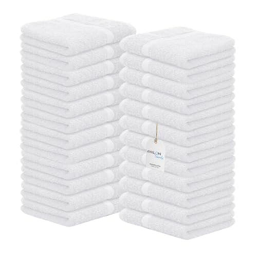 Avalon Towels Cotton Washcloths ? (Pack of 24) Size 12x12 Inches, 100% Ring Spun Cotton, Soft & Absorbent Face Towels, Gym Towels, Hotel and Spa Quality, Reusable Fingertip Towels (White)