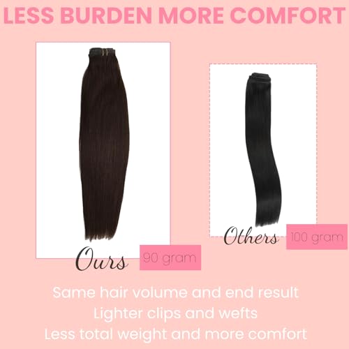 Clip in Extensions Real Human Hair 7pcs, Natural and Seamless 90g (Dark Brown to Black, 14 inch)