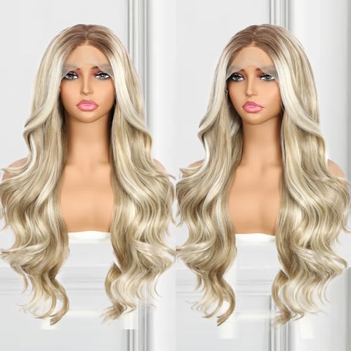 Highlight Blonde Lace Front Wig for Women 13x4 Body Wave Synthetic Wigs Balayage Pre-plucked Long Wavy Wig 150% Density Heat Resistant Hair Replacement Wigs 26 Inch
