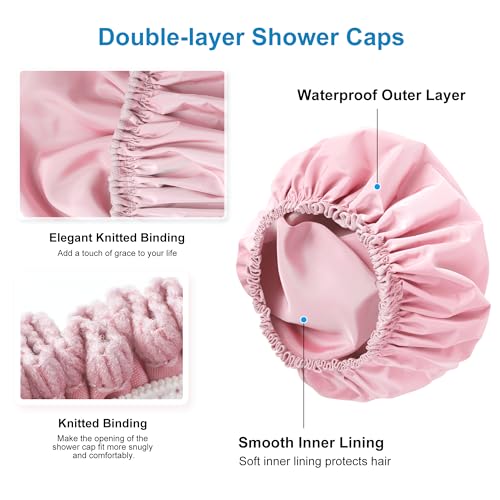 Shower Cap for Women, Double Layer Waterproof Bath Cap, Reusable Hair Protector, Large Waterproof Shower Bonnet Washable Elastic Band Bath Hair Hat for Long Hair, Braids£¬ - Pink