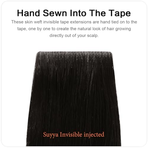 SUYYA Invisible Tape in Hair Extensions Human Hair Natural Black Seamless Injected Hand-Tied Pro Quality Virgin Human Hair 20PCS 40G/Pack Straight Tape Ins(14 inch #1B Off Black)