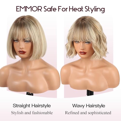 EMMOR 100% Human Hair Wig for Women - 10 Inch Shoulder Length Bob Cut with Bangs & Breathable Cap, Natural Looking for Daily Wear(Ombre Blonde Mixed Brown)