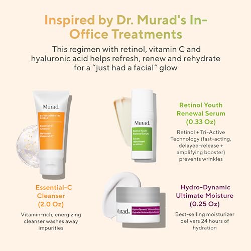 Murad Top 3 Derm-Recommended Actives - 3-Piece Trial Kit ($61 Value) - Daily Skincare Regimen - Ess-C Cleanser 2Fl Oz, Retinol Serum 0.33Fl Oz, Hydro Dynamic Moisturizer 0.25Fl Oz