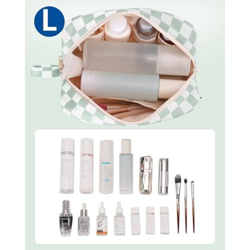 Narwey Checkered Makeup Bag Travel Cosmetic Bag Organizer Small Toiletry Bag Make Up Bags with Comparments for Women and Girls, Gift for Teen Girls (Mint Green Checkerboard, Large)