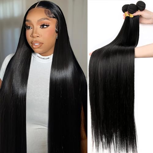 Beautymoon 3 Bundles Human Hair 26 28 30 Inch Long Straight Human Hair Bundles 100% Unprocessed Brazilian Virgin Straight Hair Extensions for Black Women Natural Color