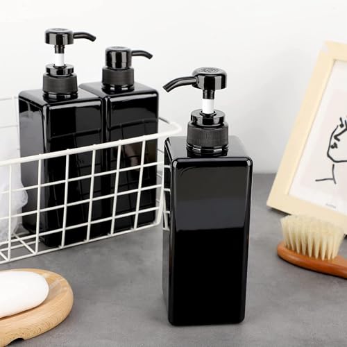 6 Pack Shampoo and Conditioner Dispenser Bottles, 4 Pack 22 Oz & 2 Pack 8 Oz Refillable Square Plastic Pump Bottles for Dispensing Lotions, Shampoo, Conditioner, and Body Wash (Black)