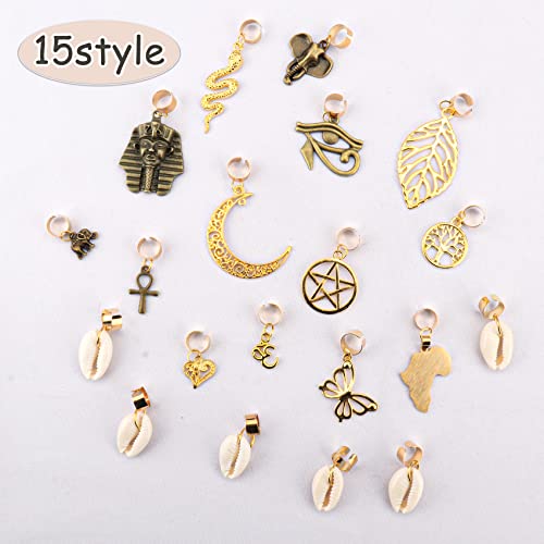 Messen 20 PCS Locs Braids Hair Cuffs 15 Styles Vintage African Pendant Charms Butterfly Shell DIY Hair Accessories (Bronze and Gold)