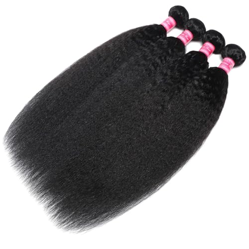 Kinky Straight Human Hair Bundles 20 22 24 26 Inch Yaki Straight Human Hair 4 Bundles 12A 100% Unprocessed Brazilian Virgin Remy Human Hair Extension Natural Color