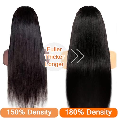 13x6 Straight Lace Front Wigs Human Hair 30 Inch 180 Density Pre Plucked with Baby Hair HD Transparent Lace Frontal Wigs Glueless for Women Nature Black Color