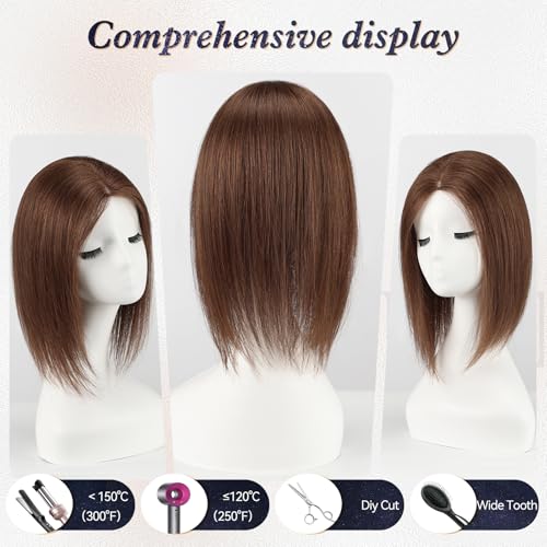 starluck Real Human Hair Toppers 6"x5" SilkHug & Swiss Base (60g) Brown with Thinning Hair Topper no Bangs-14 Inch
