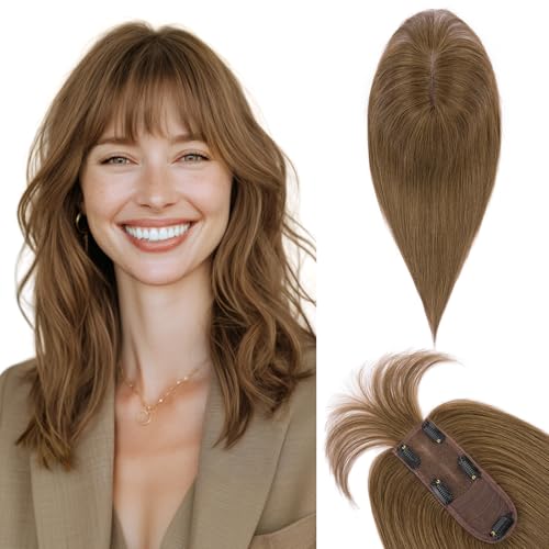 TESS Real Hair Toppers for Women Handmade Lace Base Womens Clip In Hairpieces with Bangs 5 Clips Natural Coverage Soft and Secure 2¡¿6", Medium Brown