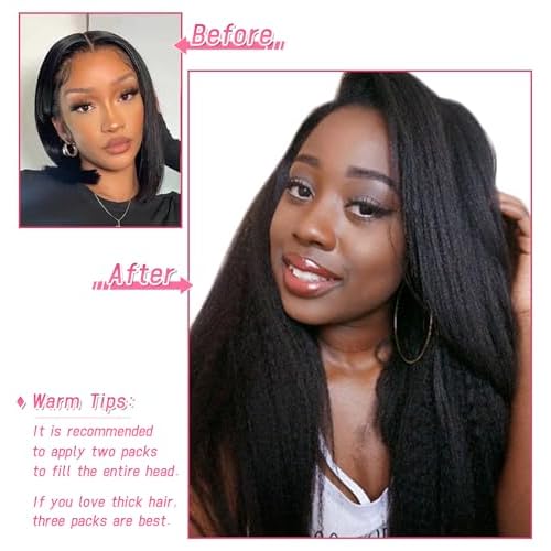 Essent Seamless Kinky Straight Clip in Hair Extensions Real Human Hair 22 Inch 7Pcs 130g Kinky Clip Ins Full Head Brazilian Remy Hair Extensions for Women Natural Black Double Weft Clip In