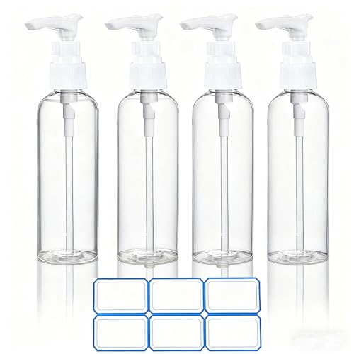 4 Pack 3.4 Oz (100ml) TSA Approved Travel Pump Bottles for Toiletries Clear Travel Size Bottles Leak Proof with Labels