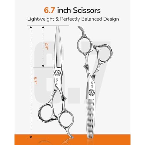 ULG Hair Cutting Shears & Thinning Scissors Kit, Japanese 440C Stainless Steel, Professional Barber Scissors Set for Home and Salon, 6.7-Inch 2.2oz Lightweight, Ergonomic Offset Handles