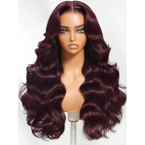 Beauty Forever Bye Bye Knots Black Cherry Loose Body Wave Glueless Wigs Human Hair Pre Plucked Pre Cut 7x5 Lace Front Drawstring Wig with Face Framing Layers Put on and Go Wig 180% Density 16inch