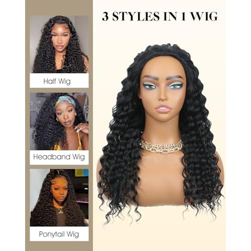 Deep Wave Half Wig Human Hair 200% Density 3 in 1 Half Wigs for Women, Invisible Hairline Glueless Wear & Go Beginner Friendly Drawstring Seamless Flip Headband Wig, 28 Inch