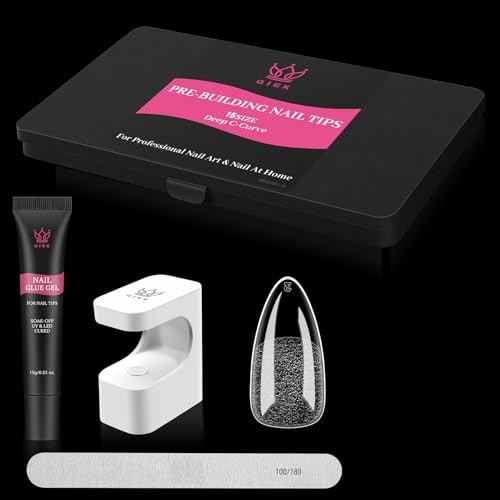 Medium Almond Pre-Building Nail Tips Kit, 15 Sizes 240 PCS Pre-shaped Apex Pink Thick Extensions Tip Soft Half Matte Press On Fake Nails Glue Gel Nail Lamp for DIY Beginners & Salon Manicure