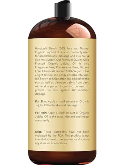 Handcraft Blends USDA Organic Jojoba Oil | Cold-Pressed | 28 Fl Oz | 100% Pure & Natural | for Hair, Skin & Face | Premium Grade Carrier Oil | for Massage & Aromatherapy | Hexane-Free
