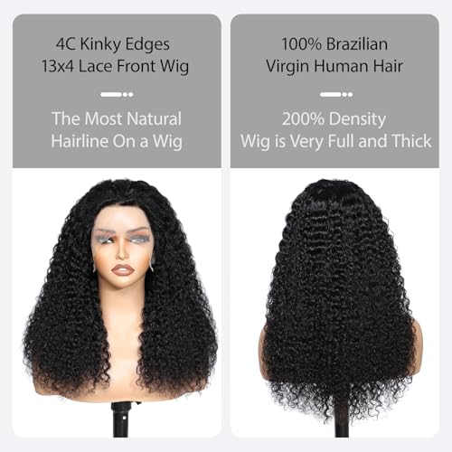 4C Edges Kinky Curly Lace Front Wigs Human Hair 13x4 HD Transparent Lace Frontal Wigs with Curly Edges Baby Hair 200% Density Deep Wave Curly Wig Pre-Plucked Hairline (18Inch Natural Black)