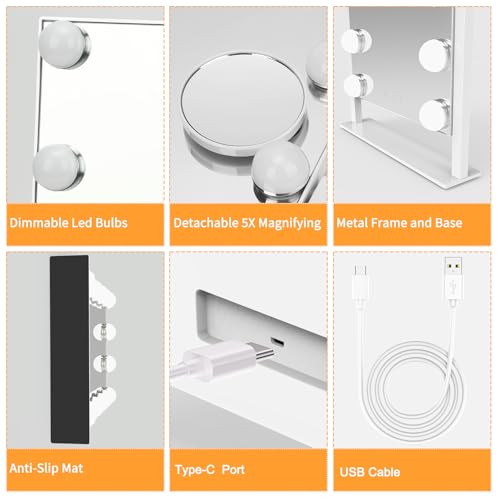 Vanity Mirror with Lights, Hollywood Lighted Makeup Mirror with 3 Color Lighting Modes and 12 Dimmable Bulbs, Detachable 5X Magnification, Smart Touch Control, 360¡ÆRotation, White