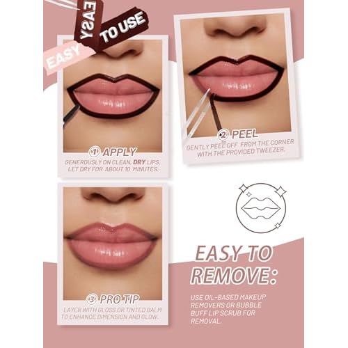 Lip Stain Peel Off Lip Liner Stain with Tweezer, Long Lasting Matte Lip Tint Tattoo, Highly Pigmented Color Lip Makeup, Waterproof Lipstick, Transfer-proof Lipstain for Women, Nude Pink