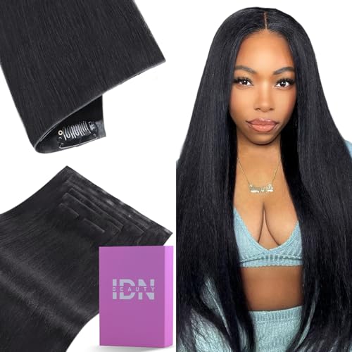 IDN BEAUTY 5+2 Invisi Edge Seamless Clip in Hair Extensions Human Hair Combo Pack, Yaki Straight 20 Inch 110g 5pcs Invisible Edge and 2pcs Seamless Clip ins for Black Women Natural Black No Leave Out