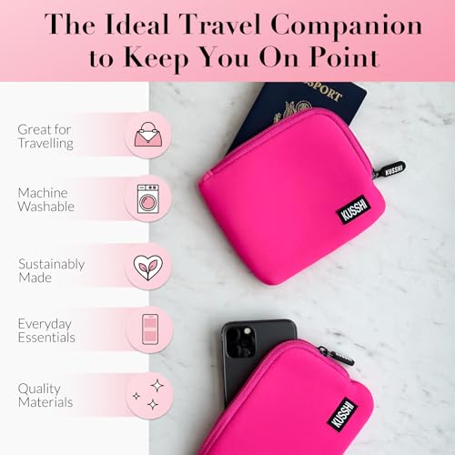 KUSSHI 2pc Neoprene On-The-Go Pouch Set - Passport Holder and Travel Zipper Makeup Pouch for Purse - Small Purse Pouch for Organization, Electronics, Glasses & Valuables (Pink)
