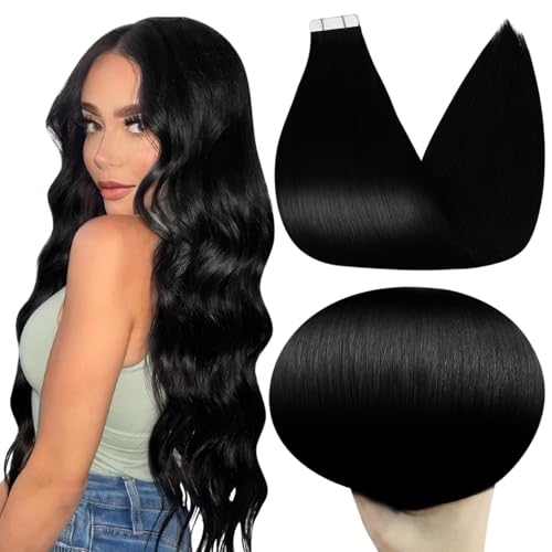 Full Shine Black Tape in Extensions Real Human Hair Color 1 Jet Black 26Inch Invisible Tape in Hair Extensions 100G 40PCS Soft Remy Seamless Add Length for Women