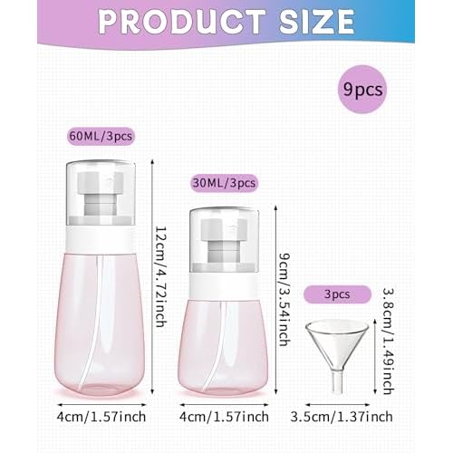 6 Pack Small Spray Bottles - Travel Size 3 Pack 1oz/30ml and 3 Pack 2oz/60ml with 3pcs Funnels, Fine Mist Mini Plastic Refillable Spray Bottles - Pink