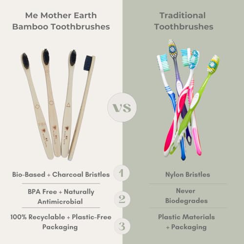 ME MOTHER EARTH Bamboo Charcoal Toothbrush Pack, Medium Soft Bristle Brush, Charcoal Infused Bristles, Biodegradable & Eco Friendly, Sustainable Bamboo (Pack of 4)