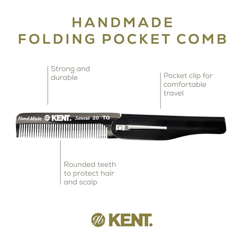 Kent 20T Black Graphite Handmade Folding Pocket Comb for Men, Fine Tooth Hair Comb Straightener for Everyday Grooming Styling Hair, Beard or Mustache, Use Dry or with Balms, Saw Cut, Made in England