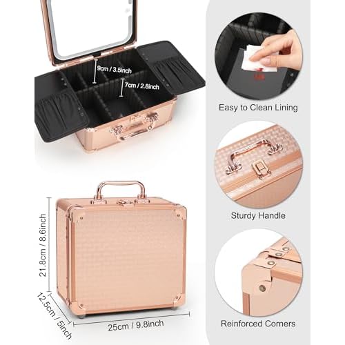Relavel Makeup Bag with LED Mirror, Makeup Box Travel Train Case with Rechargeable Lighted Mirror, Cosmetic Brush Organizer Storage for Makeup Artists Gifts for Women and Girls, Rose Gold