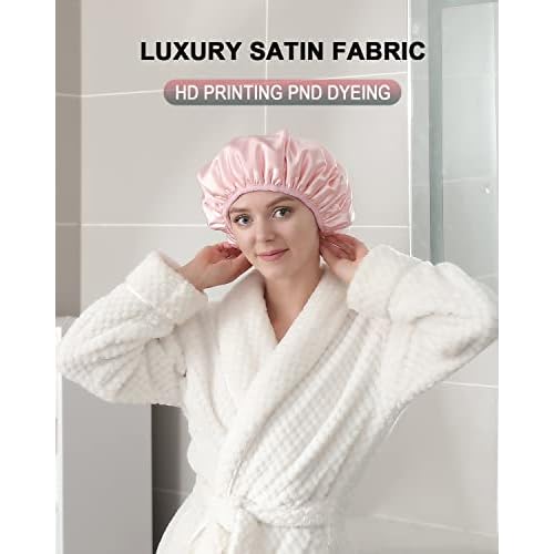 YIZIJIZI Terry Lined Shower Cap,Triple Layer Large Cap for Women,Shower Cap Reusable Waterproof,Long Thick Hair(Pink)
