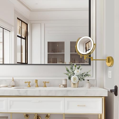8" Make up Mirror Wall Mounted Lighted 10X Magnifying Hard Wired, Double Sides 3 Color Lighting Touch Dimming, 360 Swivel Extended Arm Shaving Light up Mirror for Bathroom, Brushed Moderne Brass
