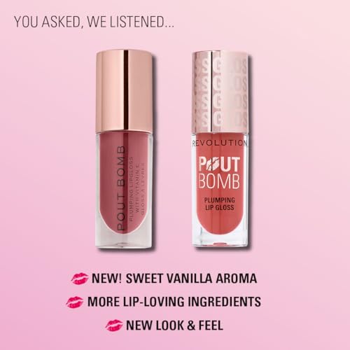 Revolution, Pout Bomb Plumping Lip Gloss, High-Shine for Glossy, Fuller & Plump Lips with Hyaluronic Acid & Peptides, Vegan & Cruelty-Free, Sheer Milky Nude, 0.15 fl oz