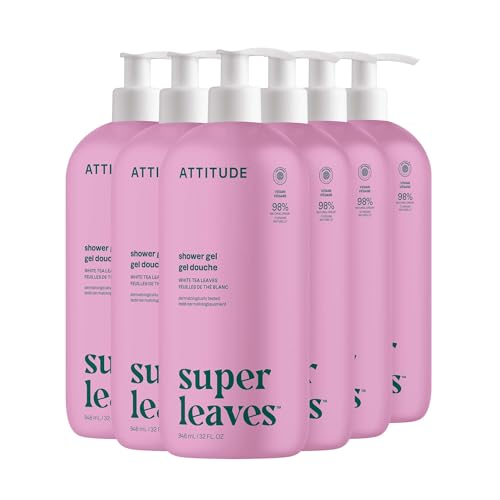 ATTITUDE Body Wash, EWG Verified Shower Gel, Dermatologically Tested, Plant and Mineral-Based, Vegan Personal Care Products, White Tea Leaves, 32 Fl Oz (Pack of 6)