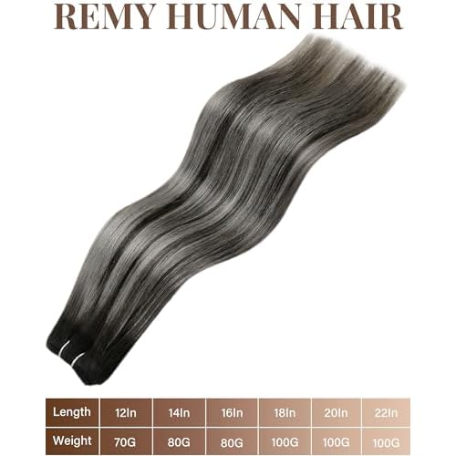 Hetto Sew in Hair Extensions Real Human Hair Ombre Black to Silver Grey Balayage Weft Hair Extensions Human Hair Invisible Sew in Hair Extension Double Weft 22 Inch 100g